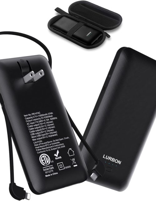 10000 mAh Portable Charger Power Bank,Slim External Battery Pack with Built in AC Wall Plug, USB C Cable Total 3 Different Cables Compatible with Cell Phone Tablet