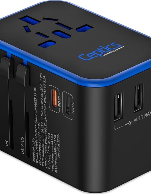 Ceptics World International Travel Plug Adapter - Powerful 33.5W with Pd & QC 3.0 Dual USB-C Power - 3 USB Ports Wall Charger Type I C G A Outlets 110V 220V A/C - EU Euro US UK (11-KU)